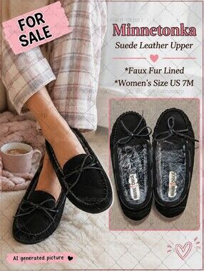 Black Minnetonka Suede Leather Upper Faux Fur Lined Women's Size 7